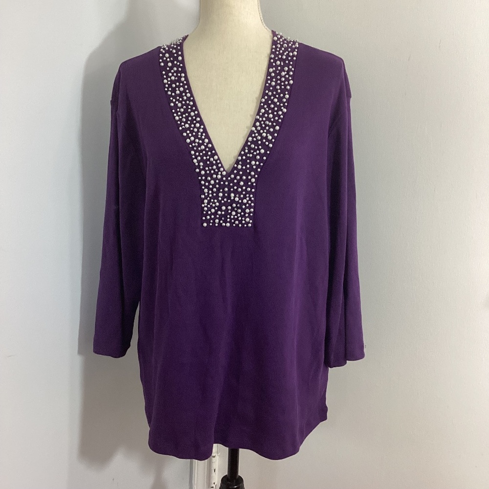 RAFAELLA WOMAN PLUS 2X PLUM COTTON TOP BLOUSE V-NECKLINE PEARLS TRIM